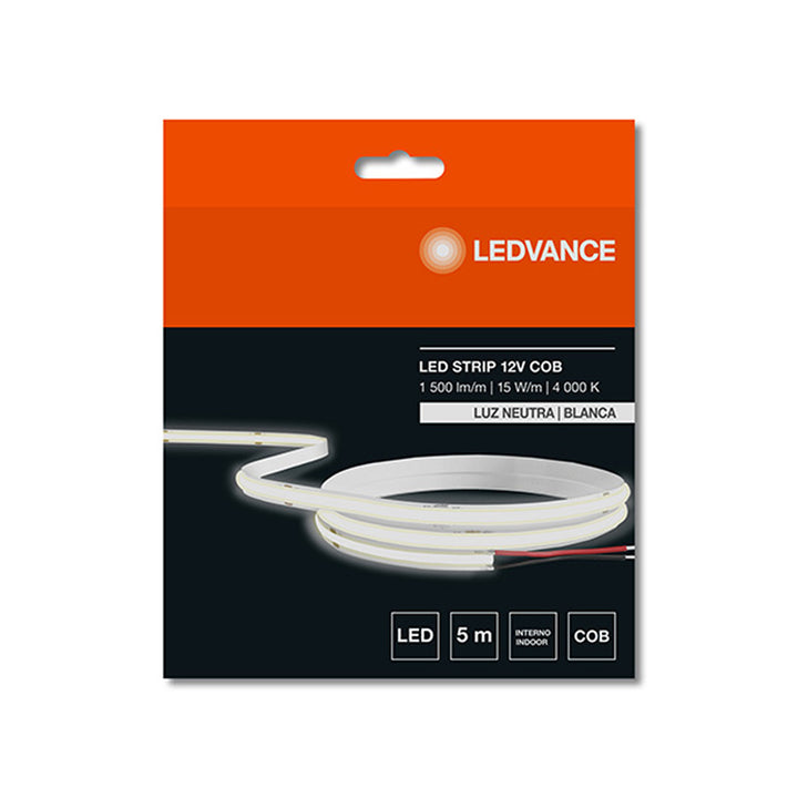 Tira LED COB 15W/m 12V opciones color de luz cálido - 2700K y neutro - 4000K, rollo 5m de Ledvance