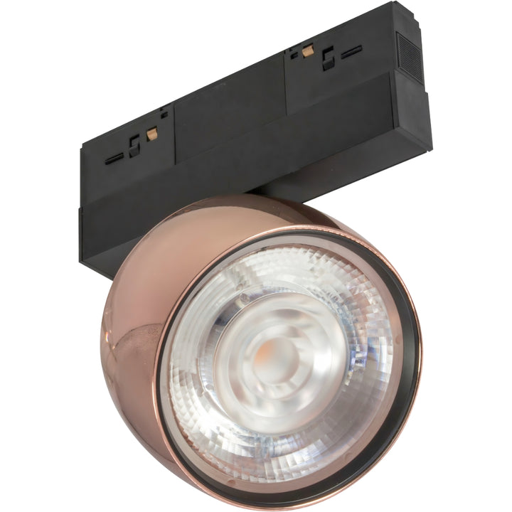 Luminario spot de riel MAGNETO ATENUABLE 18W dirigible y orientable, 48Vcd, 3000K, ángulo 35°, 0-10V, acabado rosa oro de AURO Lighting