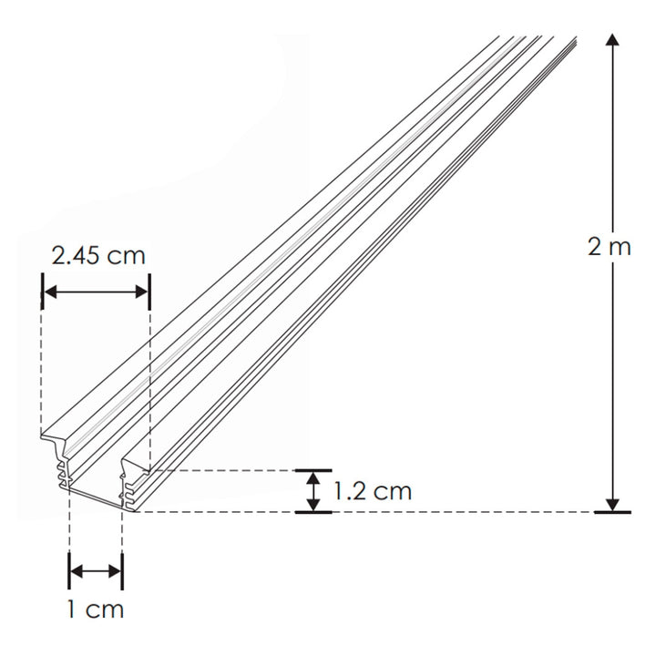 Kit perfil aluminio con ceja DXAP02NKIT -L:2m A:1.7/2.45cm Al:1.2cm- para tira LED, incluye difusor acrílico, 2 tapas laterales y 2 grapas de sujeción