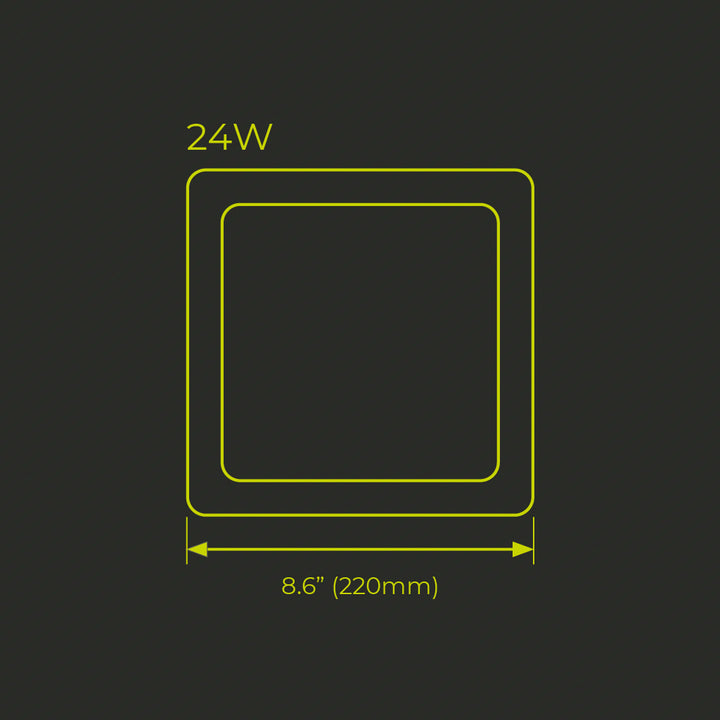 Panel Esscence Square 24W (22x22m) para empotrar o sobreponer (incluye marco), color de luz selectable (cálido -3000K / neutro - 4000K / frío -5000K), acabado blanco, 120-277V de Luceco - Dimensiones