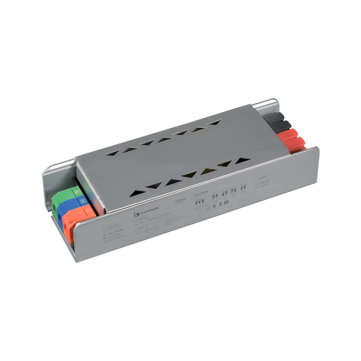 Fuente de alimentación 200W (180W máx.) 24Vcc con selector de brillo (100%-60%-17%-6%) y efecto fade de entrada opcional, 85-277Vca de iLumileds