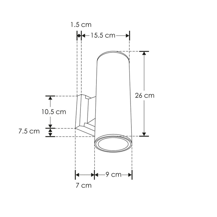 Luminario cilíndrico bidireccional de muro para 2 lámparas base E27, fabricado en aluminio acabado negro y cristal templado con protección IP54 de iLumileds