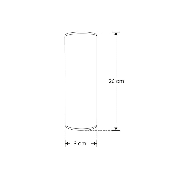 Luminario cilíndrico bidireccional de muro para 2 lámparas base E27, fabricado en aluminio acabado negro y cristal templado con protección IP54 de iLumileds