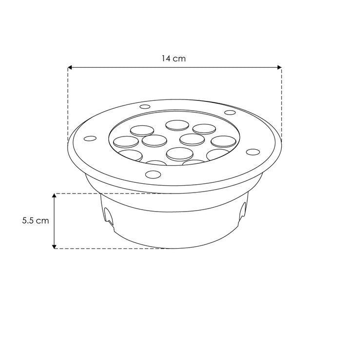 Luminario circular integrado 12W 45° luz cálida (3000K) para empotrar en piso, incluye housing de plástico de iLumileds