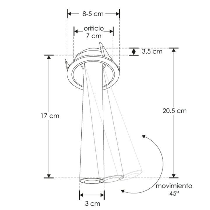 Luminario empotrar tipo flauta 17cm dirigible 7W luz cálida 38° de iLumileds