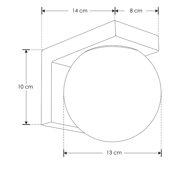 Luminario esférico de policarbonato opalino 7W luz cálida, base negra en L para muro de iLumileds