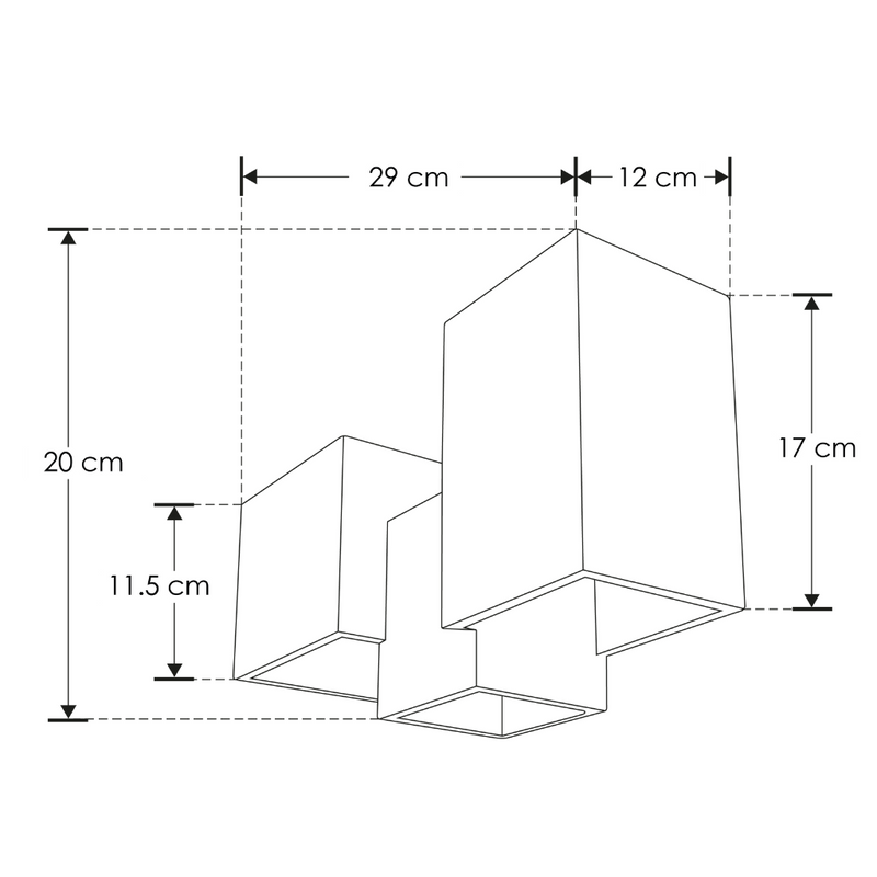 Luminario triple prisma rectangular asimétrico de Yeso para muro, incluye tres bases G9 de iLumileds