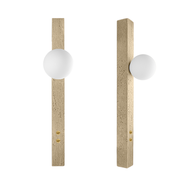 Luminario arbotante Palazzo con esfera de cristal difuso + salida directa inferior con base G9 (no incluido) incluye interruptores independientes dorados tipo botón, acabado travertino beige iLumileds