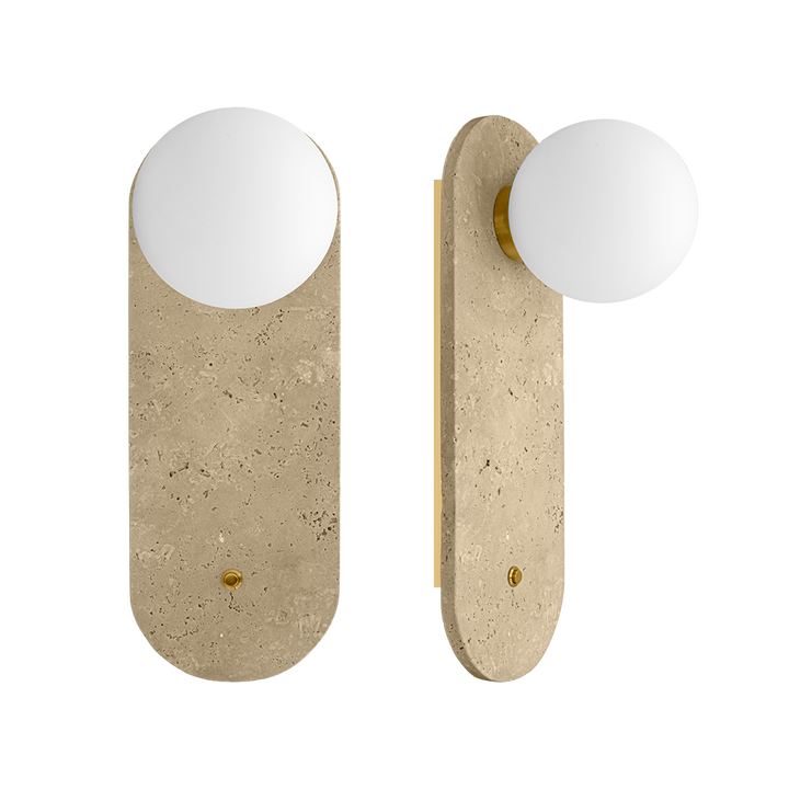 Luminario arbotante Rocca con esfera de cristal difuso con base G9 (no incluido) incluye interruptor dorado tipo botón, acabado travertino beige con detalles latonados de iLumileds