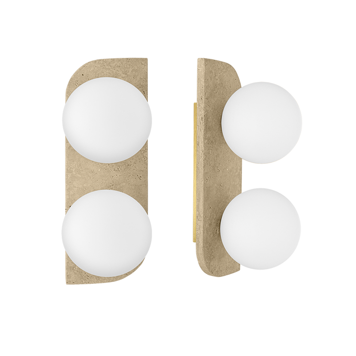 Luminario arbotante Statuario con dos esferas de cristal difuso con base G9 (focos no incluidos), acabado travertino beige con detalles latonados de iLumileds