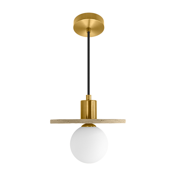 Luminario Marblea con esfera de cristal difuso con base G9 (no incluido), acabado travertino beige con detalles latonados, suspensión ajustable de 0-160cm de iLumileds