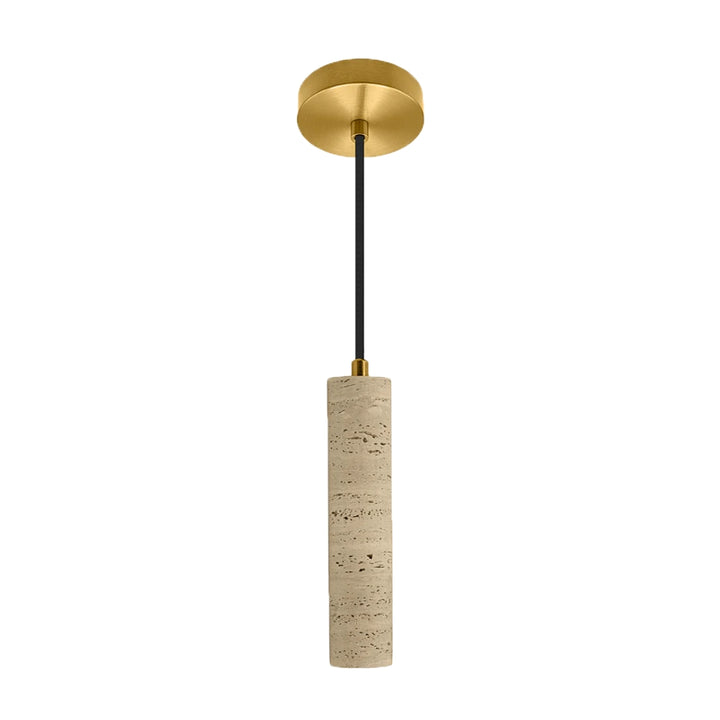 Luminario Paros cilíndrico 3W 45° luz cálida (3000K), acabado travertino beige con detalles latonados, suspensión ajustable de 0-160cm de iLumileds