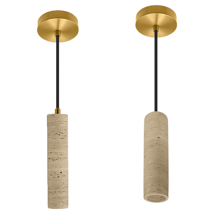 Luminario Paros cilíndrico 3W 45° luz cálida (3000K), acabado travertino beige con detalles latonados, suspensión ajustable de 0-160cm de iLumileds