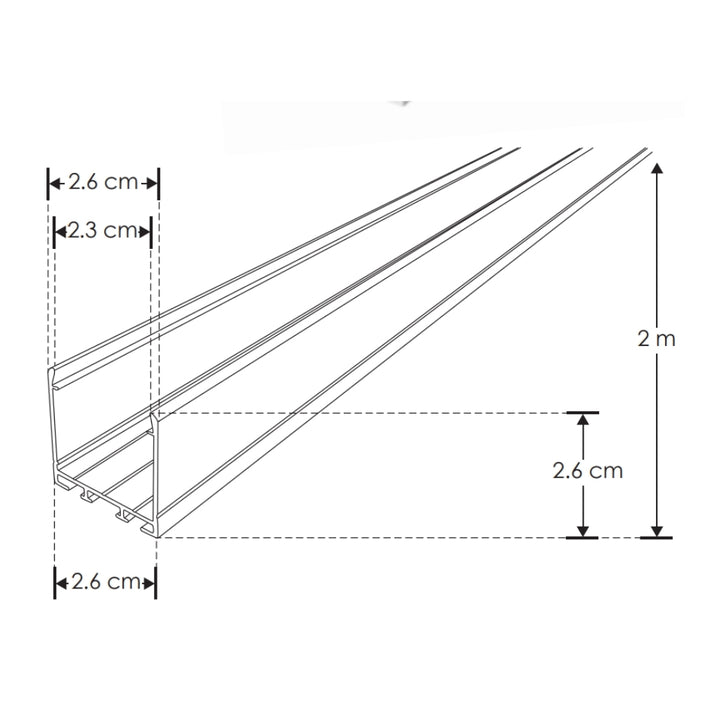 Kit de perfil negro de alumino SIN MICA ILUPA2404CONKIT. -L:2m A:2.6cm Al:2.6m- para tiras LED o tarjetas de LED recomendadas, incluye 2 tapas laterales y 2 grapas de sujeción de iLumileds
