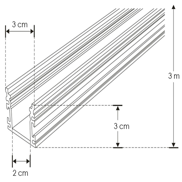 Kit perfil exterior aluminio ILUPA3030KIT -L:3m A:3cm Al:3cm- incluye difusor, tapas laterales y solera de aluminio