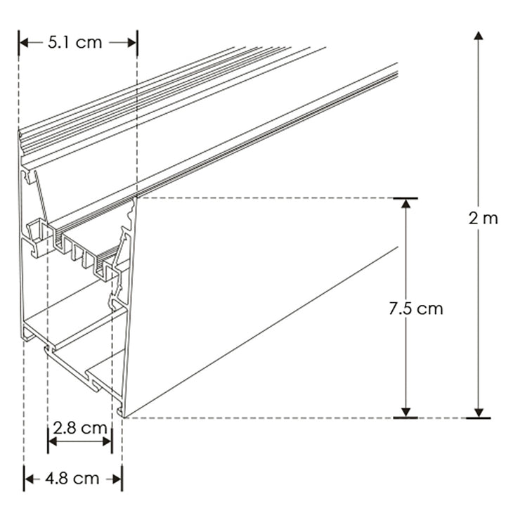 Kit perfil aluminio sobreponer/suspender ILUPA5175NKIT -L:2m - A:5.1 - Al:7.5cm- incluye tapas laterales, grapas de sujeción y kit colgante (no incluye mica ni louver honeycomb) de iLumileds