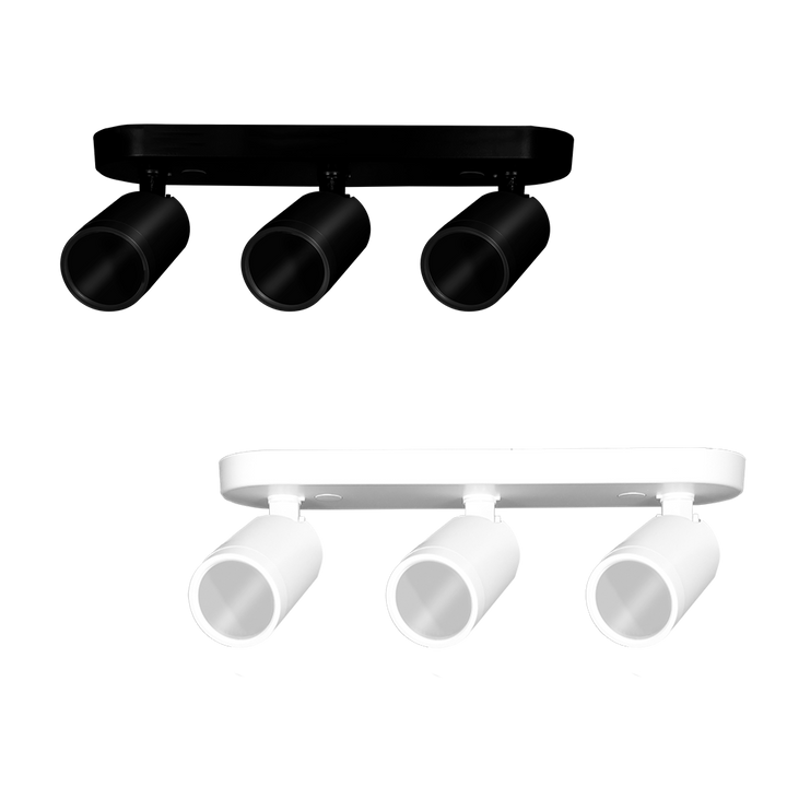 Luminaro sobreponer con tres proyectores dirigibles para MR16 GU10 (no incluidos), acabado negro o blanco, fabricado en policarbonato de iLumileds