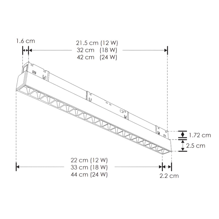 Luminario tipo rectangular puntual 18W 24° 18 cuerpos ópticos 48V cambio de color de luz vía app o iterruptor físico de cálido a frío - 2700K - 4100K - 5500K, para riel magnético de iLumileds