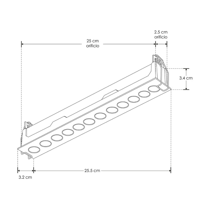 Luminario rectangular slim puntual 18W 36° CRI90 bajo deslumbramiento, todo negro con 12 cuerpos, opciones color de luz 85-277V de iLumileds