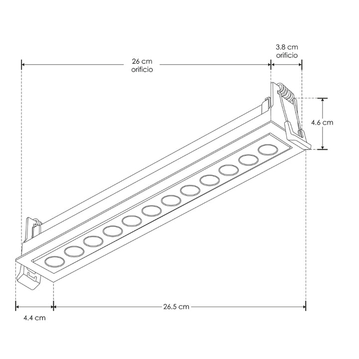 Luminario rectangular dirigible slim puntual 18W 36° CRI90 bajo deslumbramiento, todo blanco con 12 cuerpos, opciones color de luz 85-277V de iLumileds