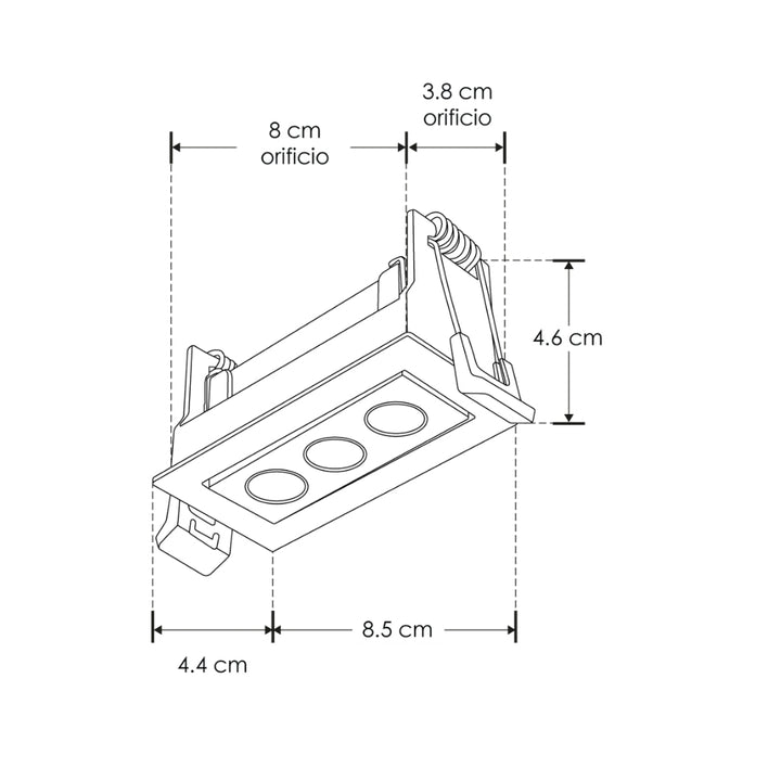 Luminario rectangular dirgible slim puntual 6W 36° CRI90 bajo deslumbramiento, todo negro con 3 cuerpos, opciones color de luz 85-277V de iLumileds