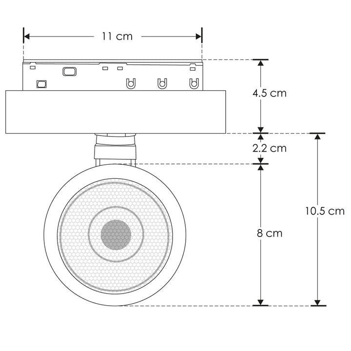 Proyector circular dirigible 15W 24° cambio de color de luz vía app o iterruptor físico de cálido a frío - 2700K - 4100K - 5500K, bajo deslumbramiento con louver honey 48Vcc para riel magnético de iLumileds