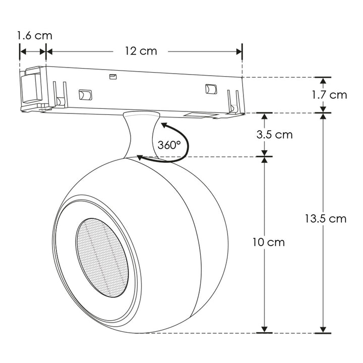 Proyector esferico dirigible 7W 24° 3000K bajo deslumbramiento con louver honey 48Vcc para riel magnético de iLumileds