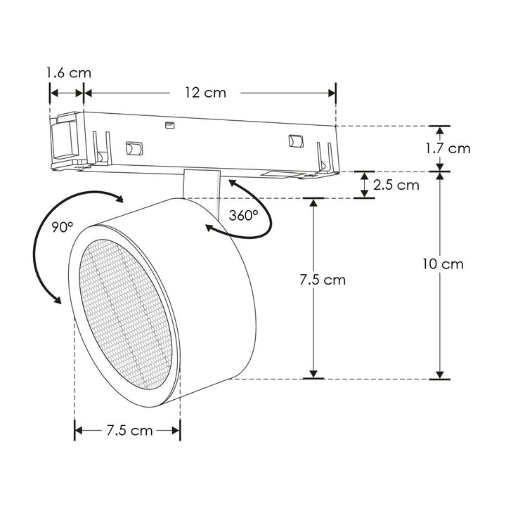 Proyector circular dirigible 7W 24° 3000K bajo deslumbramiento con louver honey 48Vcc para riel magnético de iLumileds
