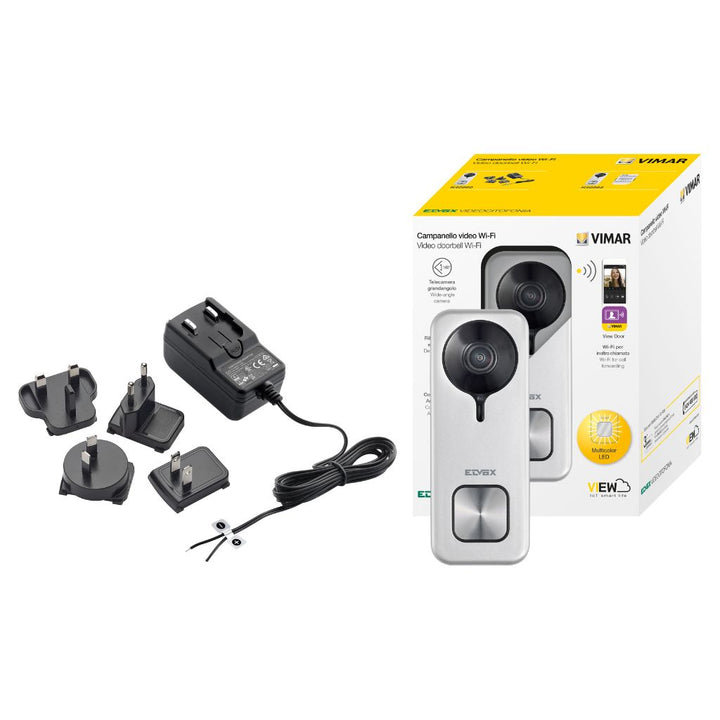 Kit timbre vídeo Wi-Fi ELVOX contiene 1 timbre vídeo con Wi-Fi integrado con cámara de vídeo, sensor anti manipulación, un alimentador 24Vdc de Vimar