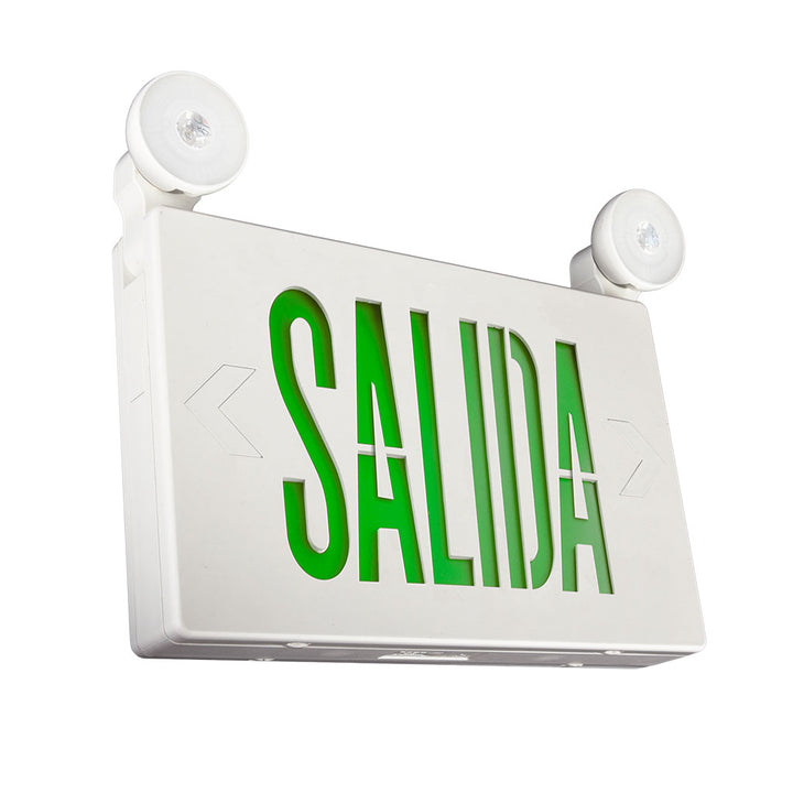 Lumiario Letrero de Salida (en verde) + doble cabezal ajustable(6500K) 2x150Lm 120-277V autonomía 90min opción montaje sobrepuesto a muro - techo - muro de Luceco