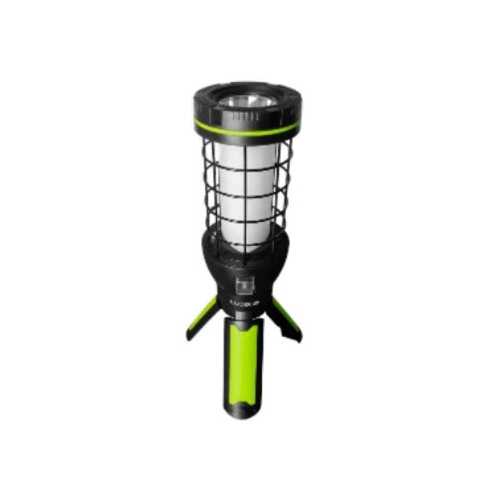 Antorcha LED de trabajo con rejilla USB Recargable Multu Functional Cage 360° 6W 600lm luz fría, acabado negro con verde lima de Luceco