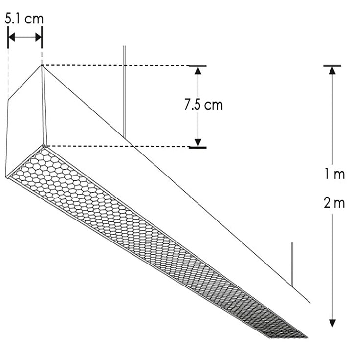 Luminario lineal 2m para suspender acabado negro con policarbonato y rejilla honeycomb 80w 127V de ilumines