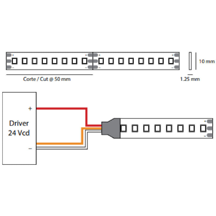 Dimensiones de Tira LED Power select Low-Medium 5W - 10W - 13W/m (configurable en conexión), 24V rollo 5m, 140 chips/m, opción colores de luz de AURO Lighting — Referencias TLAPS28355132, TLAPS28355134