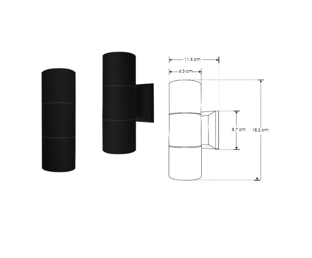 Luminario cilíndrico para muro con doble salida de luz para focos MR16 GU10 de iLumileds