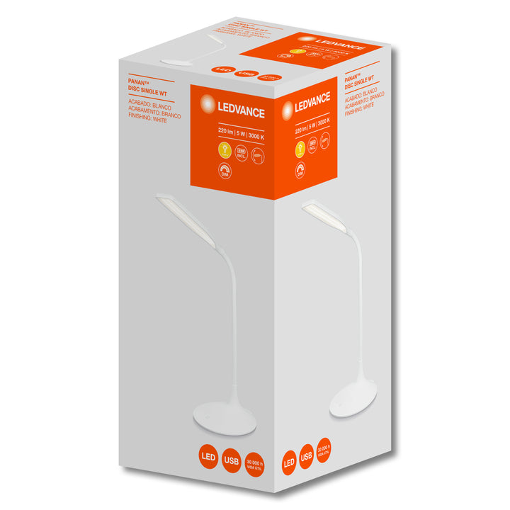 Lampara de escritorio recargable PANAN DISC SINGLE 5W atenuable touch color de luz neutro cálido de LEDVANCE