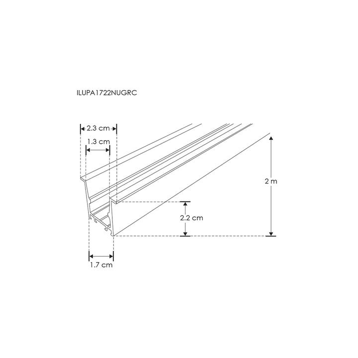 Kit de perfil de bajo deslumbramiento con difusor remetido con ceja ILUPA1722NUGRCKI -L:2m Al:2.2cm A:1.7cm- para tira LED, incluye difusor negro traslucido, 2 tapas laterales y 2 resortes sujeción de iLumileds