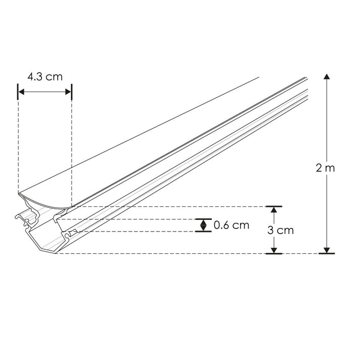 Kit de perfil de aluminio sobreponer esquinero doble salida de luz ILUPA191WKIT. -L:2m A:4.3cm Al:3cm- para tira LED, incluye difusor acrílico, 2 tapas laterales y 2 grapas de sujeción