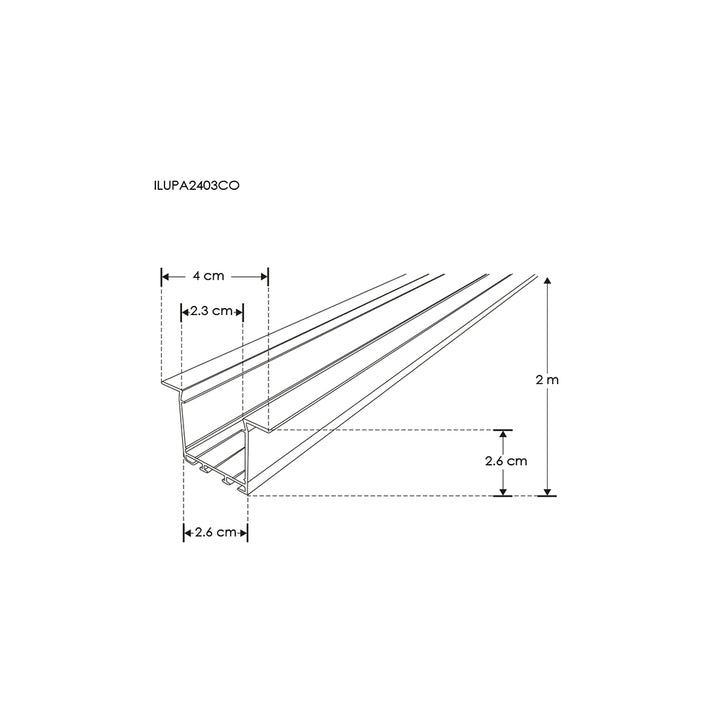 Kit de perfil de alumino con ceja para empotrar SIN DIFUSOR ILUPA2403COKIT. -L:2m A:2.3/4cm Al:2.6m- para tiras LED o tarjetas de LED recomendadas, incluye 2 tapas laterales, 2 grapas y 2 resortes de sujeciónde iLumileds