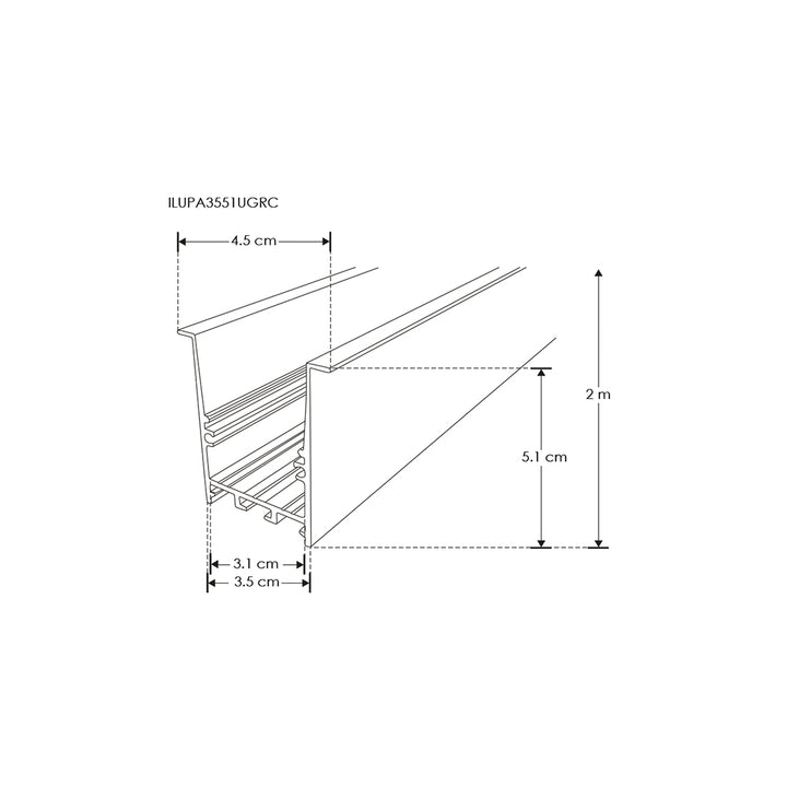 Kit de perfil grande de bajo deslumbramiento con difusor remetido con ceja ILUPA3551UGRCKIT -L:2m A:4.5cm Al:5.1cm- para tira LED, incluye difusor opalino, 2 tapas laterales y 2 resortes sujeción de iLumileds