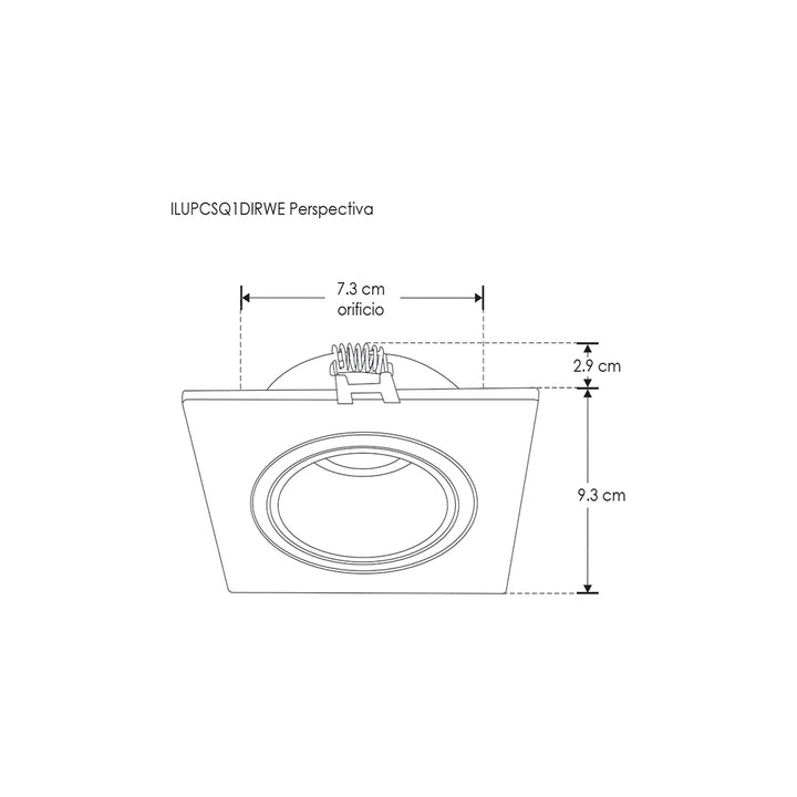 Downlight cuadrado dirigible de bajo deslumbramiento de policarbonato iLumileds, esquema con medidas
