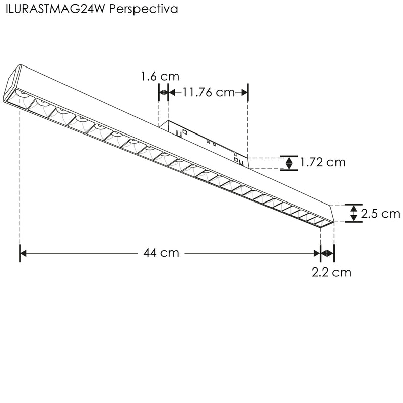 Luminario tipo rectangular puntual 24W 24° 24 cuerpos ópticos 48V 3000K para riel magnético de iLumileds