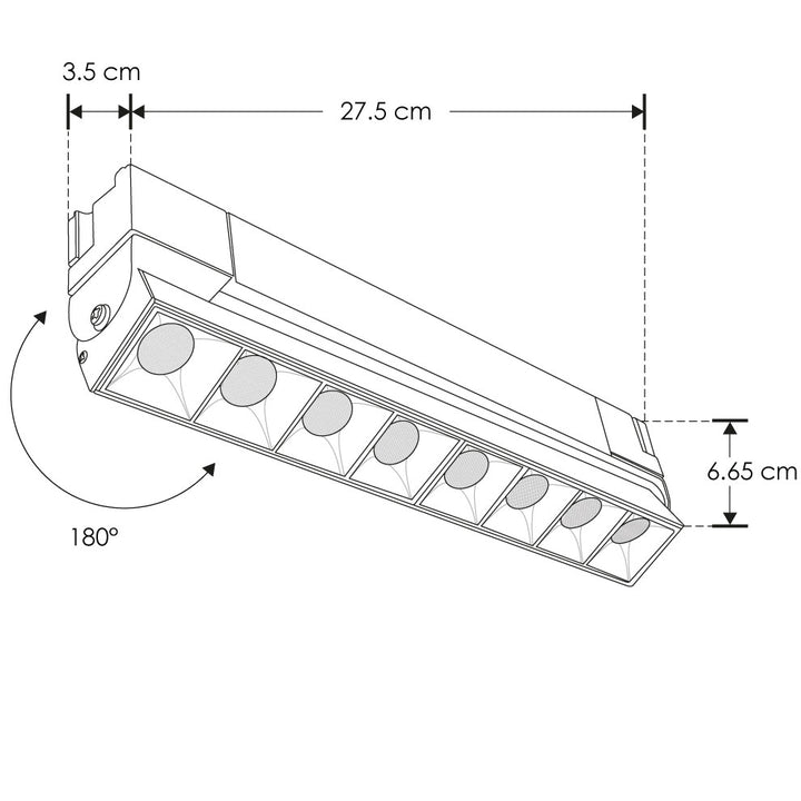 Proyector lineal 20W 36° dirigible con 8 cuerpos ópticos para riel electrificado luz neutro cálido o neutro, 110-240V de iLumileds