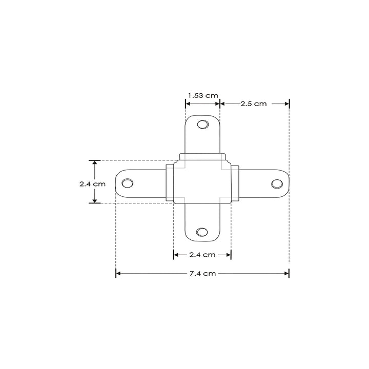 Kit de conector de metal, en X vista inferior para perfil DXA19 incluye conector de mica difusa, protector de cable negro y set de tornillos de iLumileds (No se vende individual)