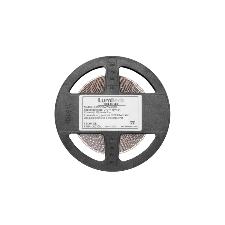 Tira LED IP66 9.6W/m 24V CRI:90 con 120 chips/m rollo 5m 3000K, con auto adhesivo de iLumileds
