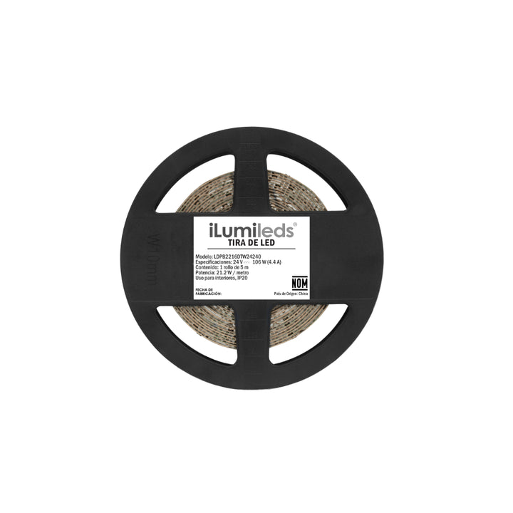 Tira LED para interiores Dim to Warm (de 1800K a 3500K al atenuarse) 24Vcc 21.2W/m 240 chips/m 2216 rollo con 5m de iLumileds