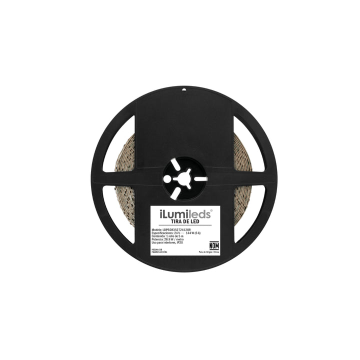 Tira LED 28.8W/m 24V con 120 chips/m 2835 rollo 5m opción color de luz Cálido / Neutro / Neutro Frío, con auto adhesivo de iLumileds