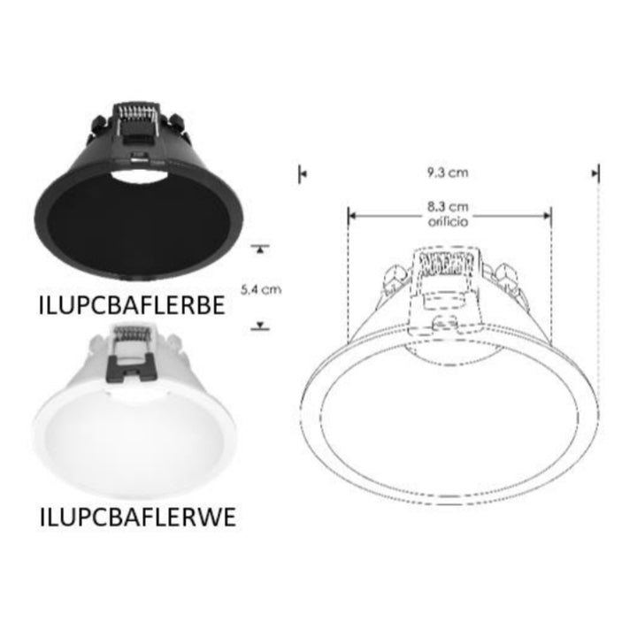 Downlight tipo baffle redondo iLumileds en acabados negro y blanco, con vistas y medidas