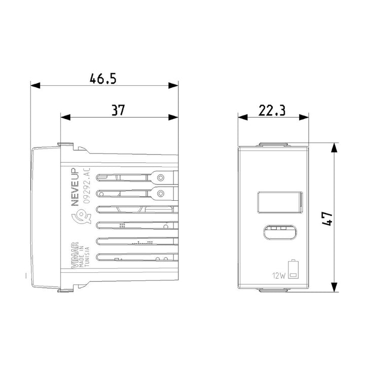 Alimentador USB A + C 5V 2.4A, 1 módulo para NeveUp opción acabado blanco o carbón mate de Vimar