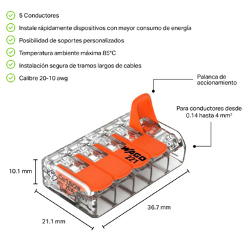 Conector 221-615 para empalme de 5 polos transparente de calibre 20-10 AWG de Wago