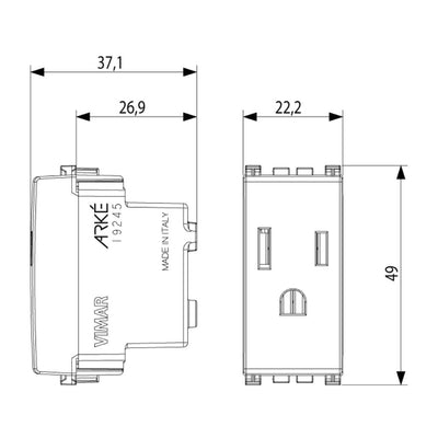 Contacto 1 módulo Toma 2P+T 15A 127V acabado Negro Mate - Blanco Mate - Metal Mate para Arké de Vimar